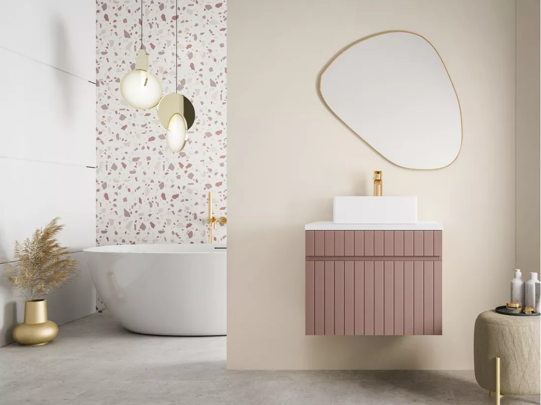 Meuble sous vasque suspendu strié rose avec planche - 60 cm - SATARA
