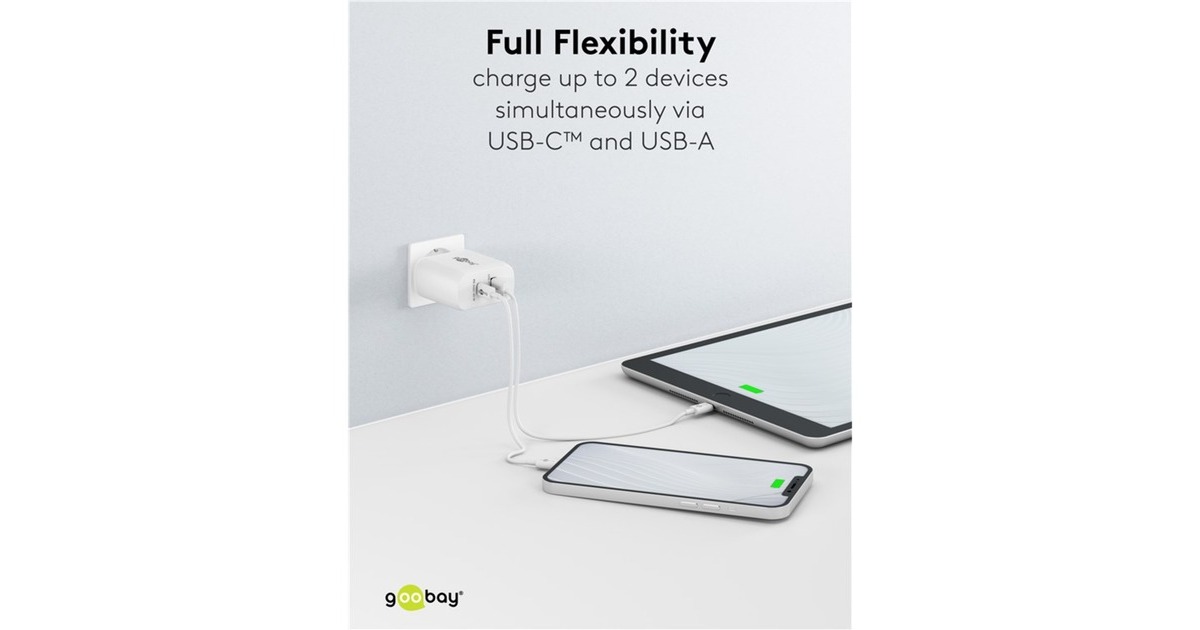 goobayUSB-C PD GaN Dual snellader (65 W)  (Wit, 1x USB-C, 1x USB-A, Power Delivery)