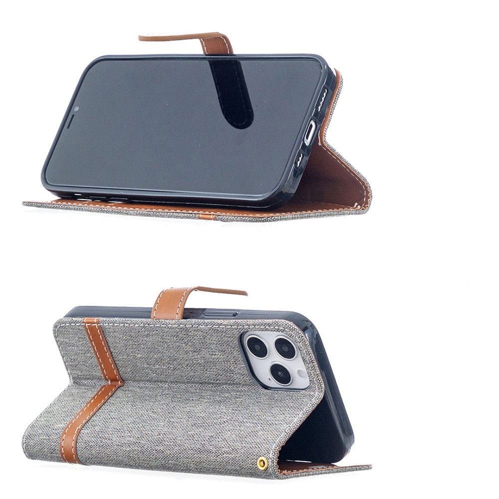 iPhone 12 / iPhone 12 Pro Stoff Tasche im Jeans Look mit Kartenfach   Magnetverschluss - Grau / Braun