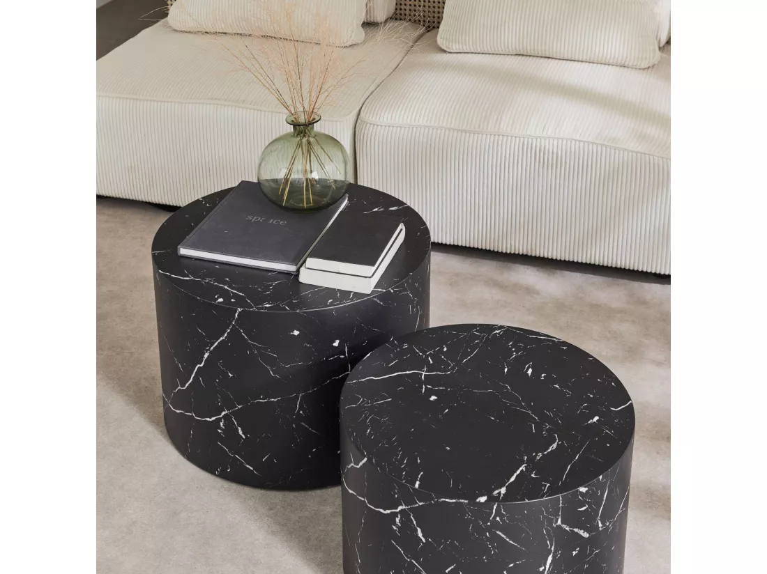 Lot de 2 tables basses PAROS rondes effet marbre noir. tables gigognes Ø58 x H 40cm / Ø50 x H 33cm