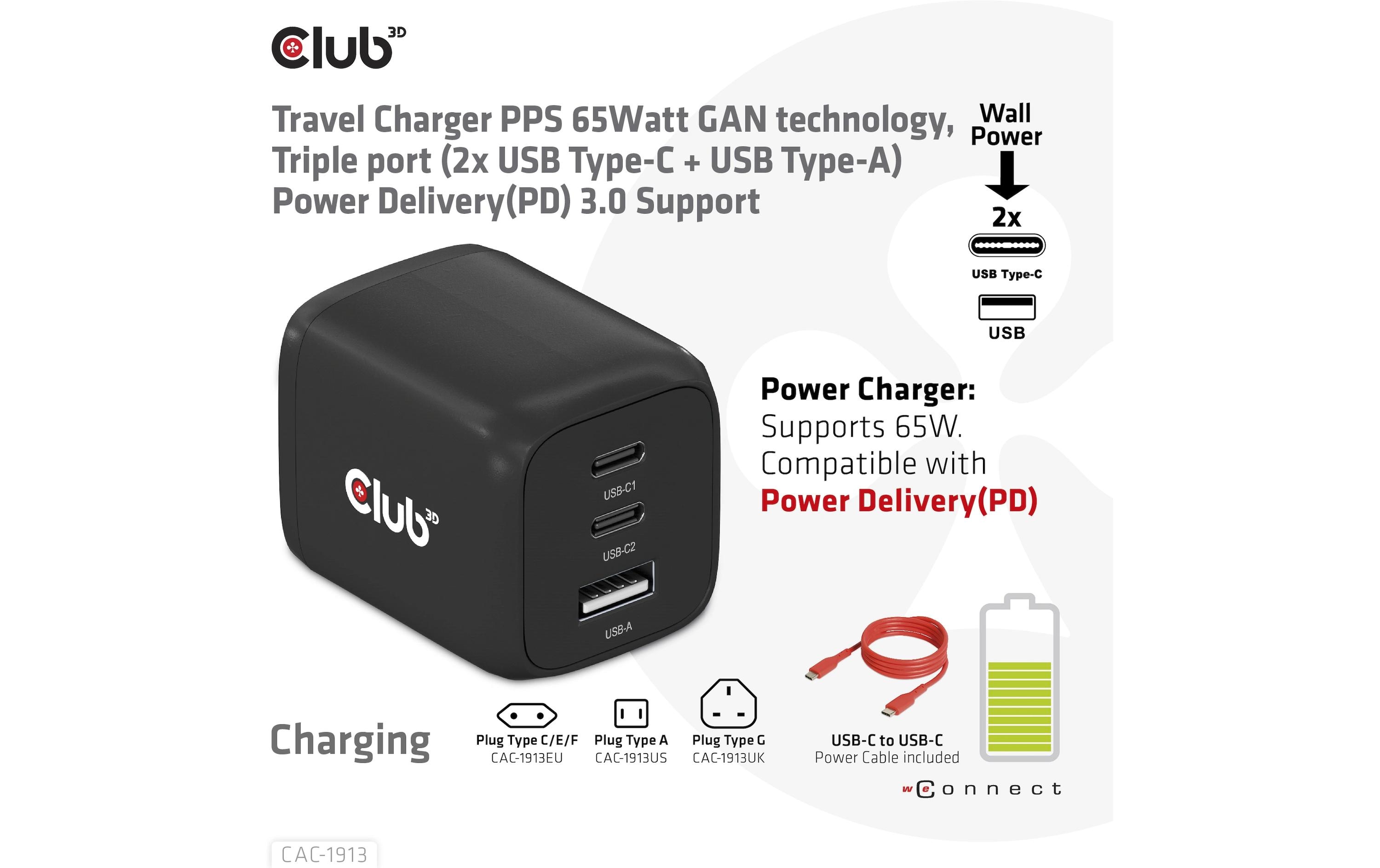 USB-Wandladegerät PPS 65Watt GAN-Technologie CAC-191365W Reiseladegerät mit GAN-Technologie und 3x USB Anschlüsse