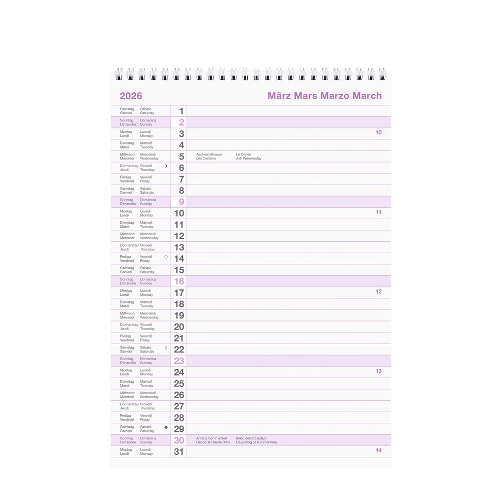 A4 Wandkalender 2026 Monatsplaner mit Wire-O Spiralbindung (889011000026U)