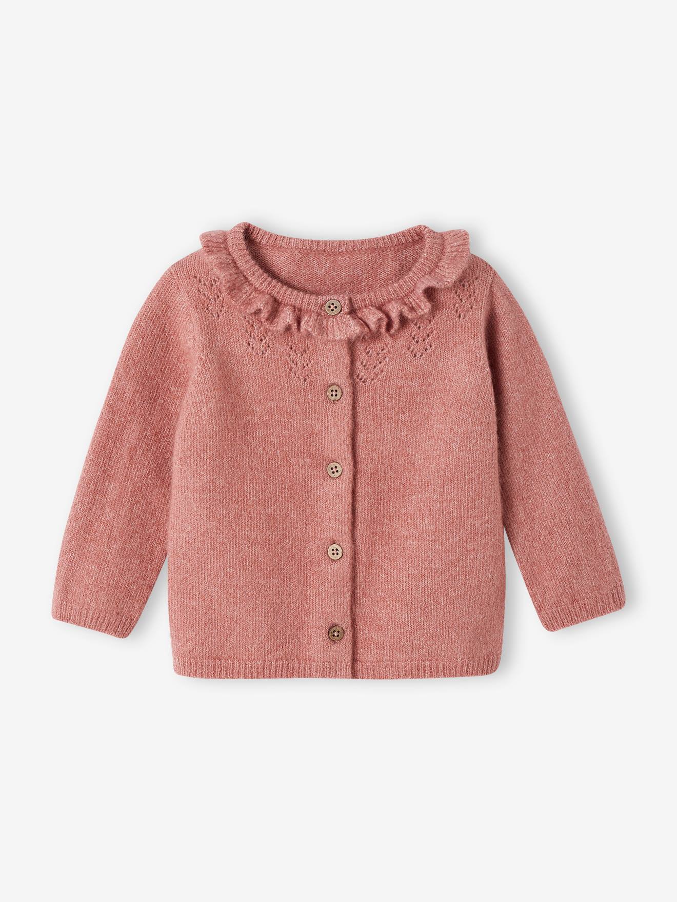 Casaquinho de tricô vazado rosa antigo para bebê