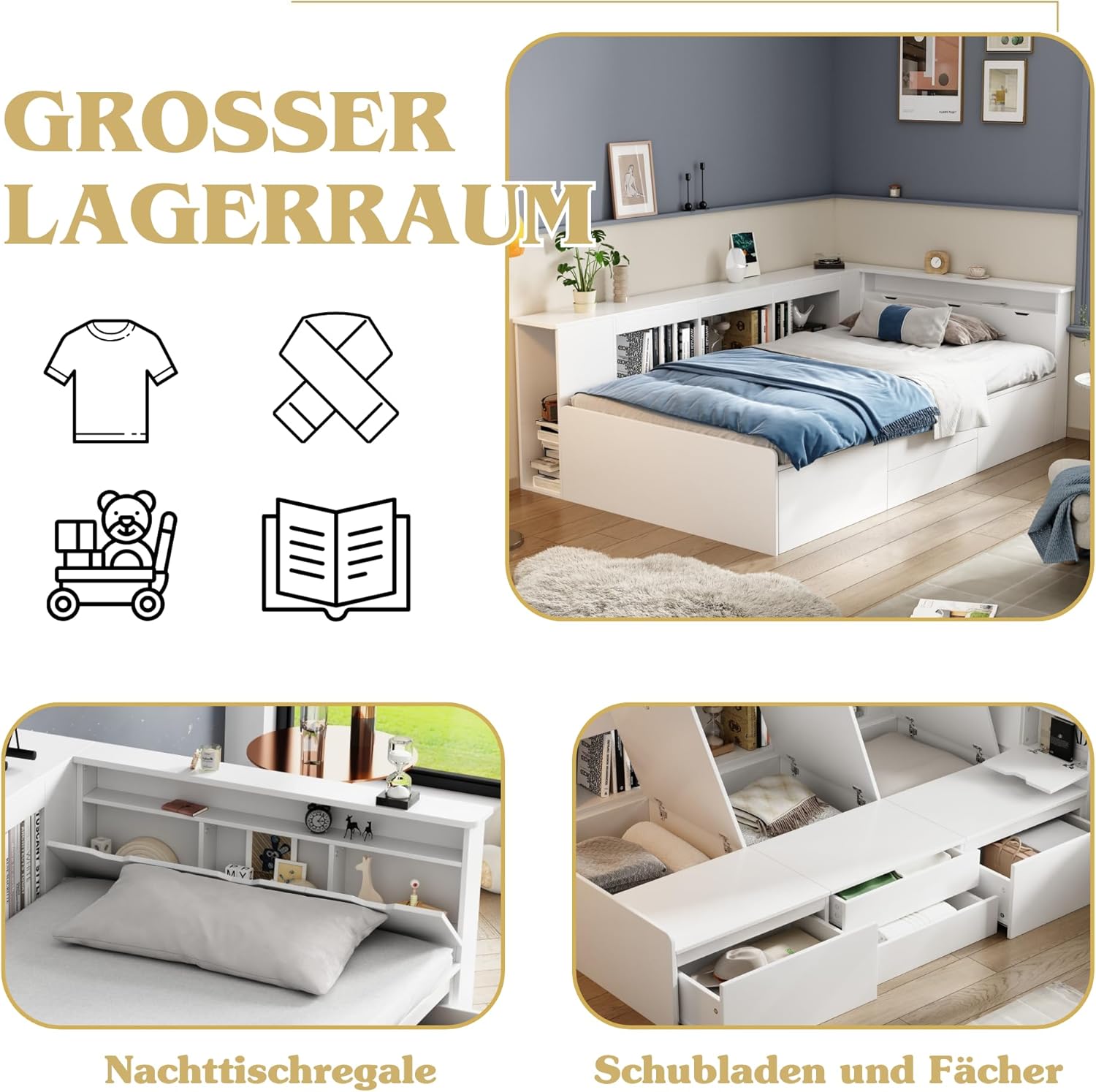Kinderbett 90x200, Multifunktionales Holzbett mit Schubladen, Bücherregal und Stauschrank, Stauraumbett mit Lattenrost & Bettkasten, Funktionsbett Jugendbett Bettgestell aus Holz, ohne Matratze, Weiß