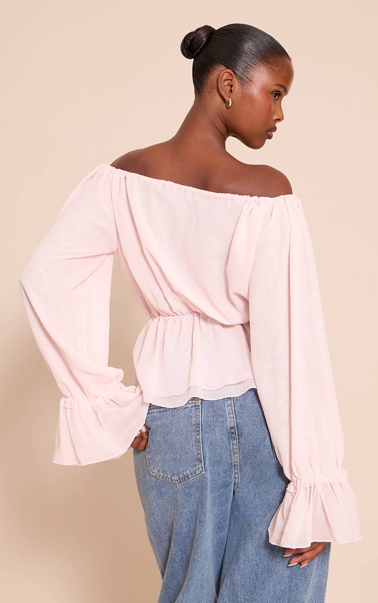 Rose Pâle Haut Fluide Bardot En Mousseline Avec Détail Nœud