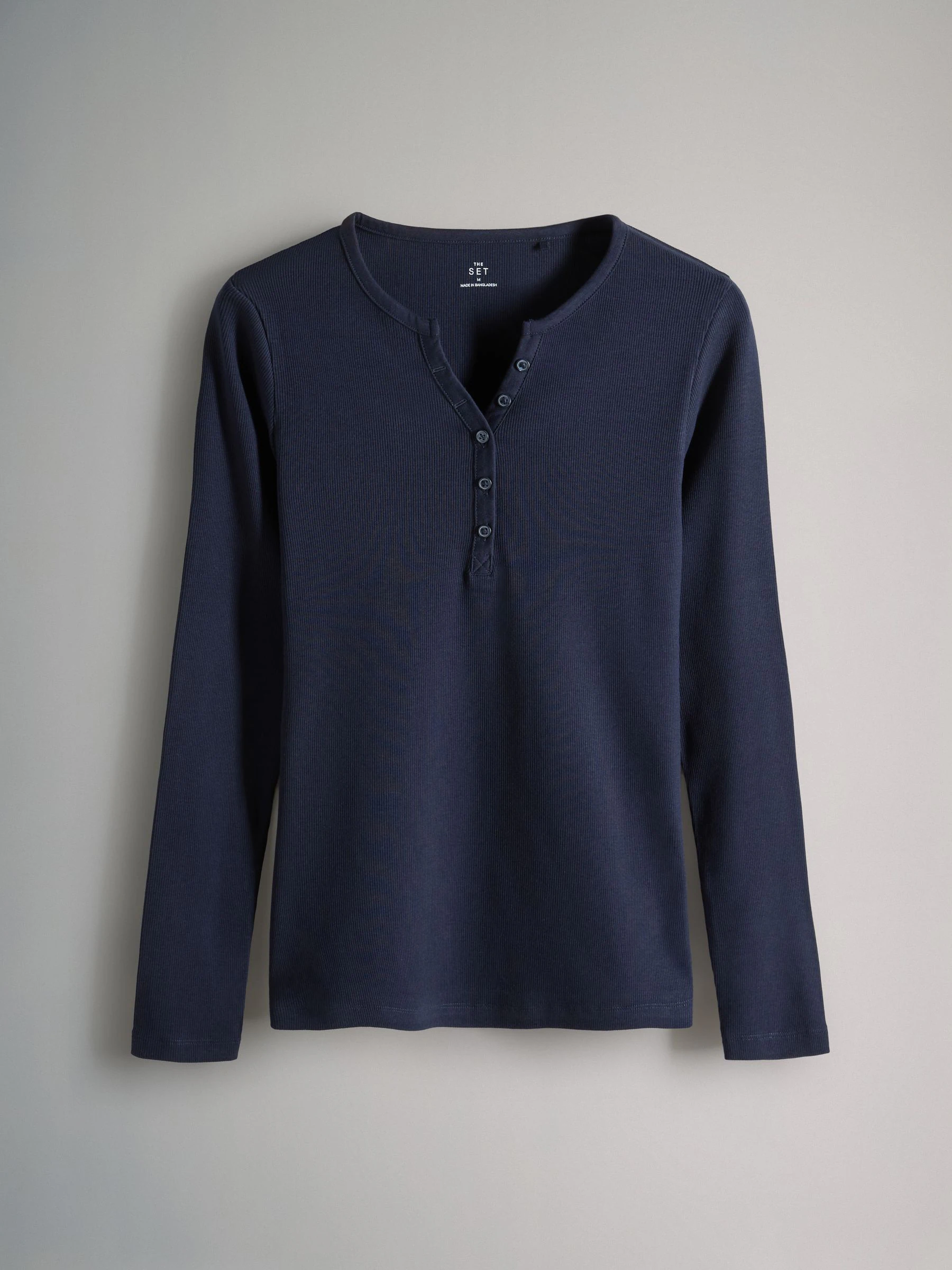 Marineblauw/Blauw/Strepen/Wit - The Set verpakking van 4 geribde Henley T-shirts met lange mouwen