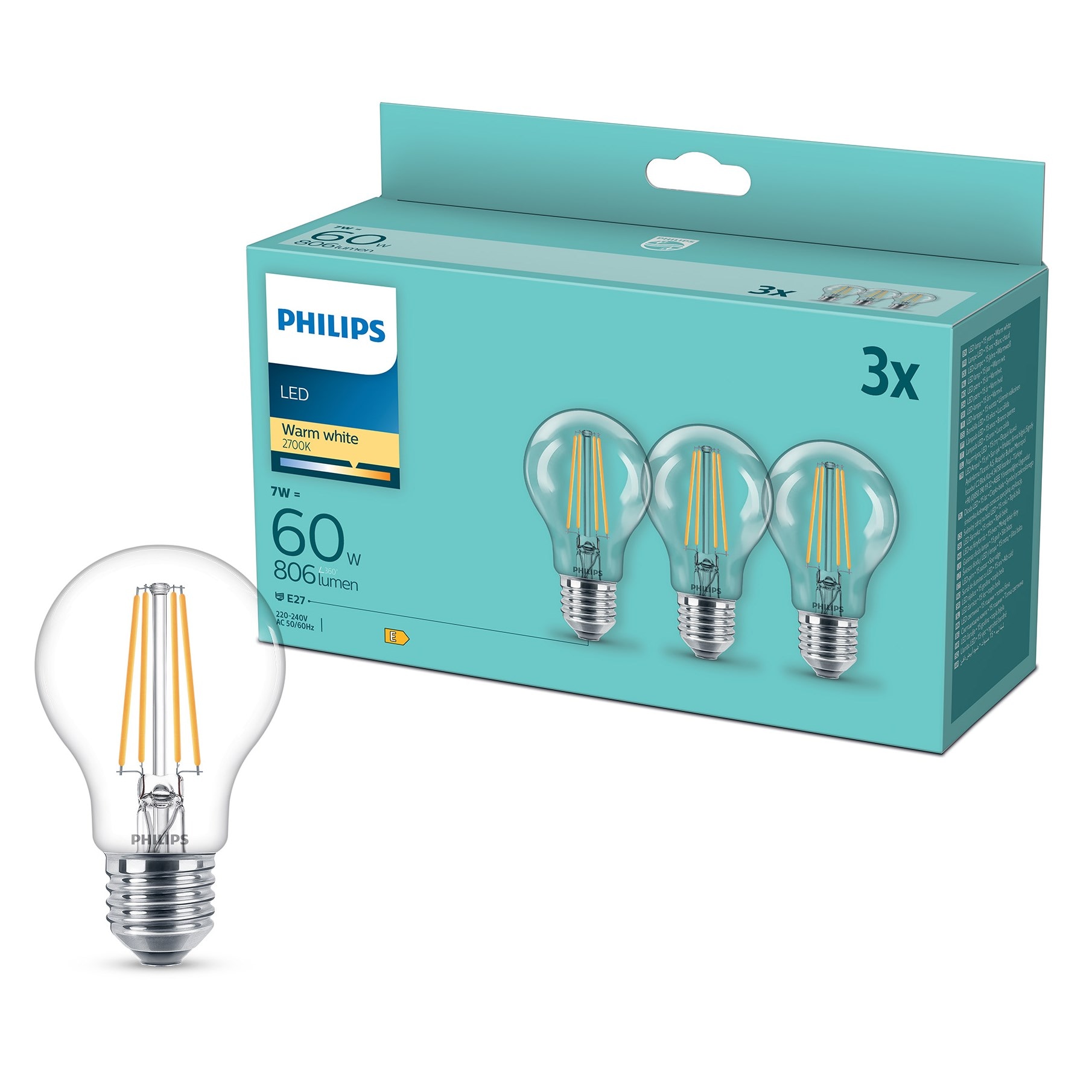 Philips LED-pære E27 806 lm 3-pk.