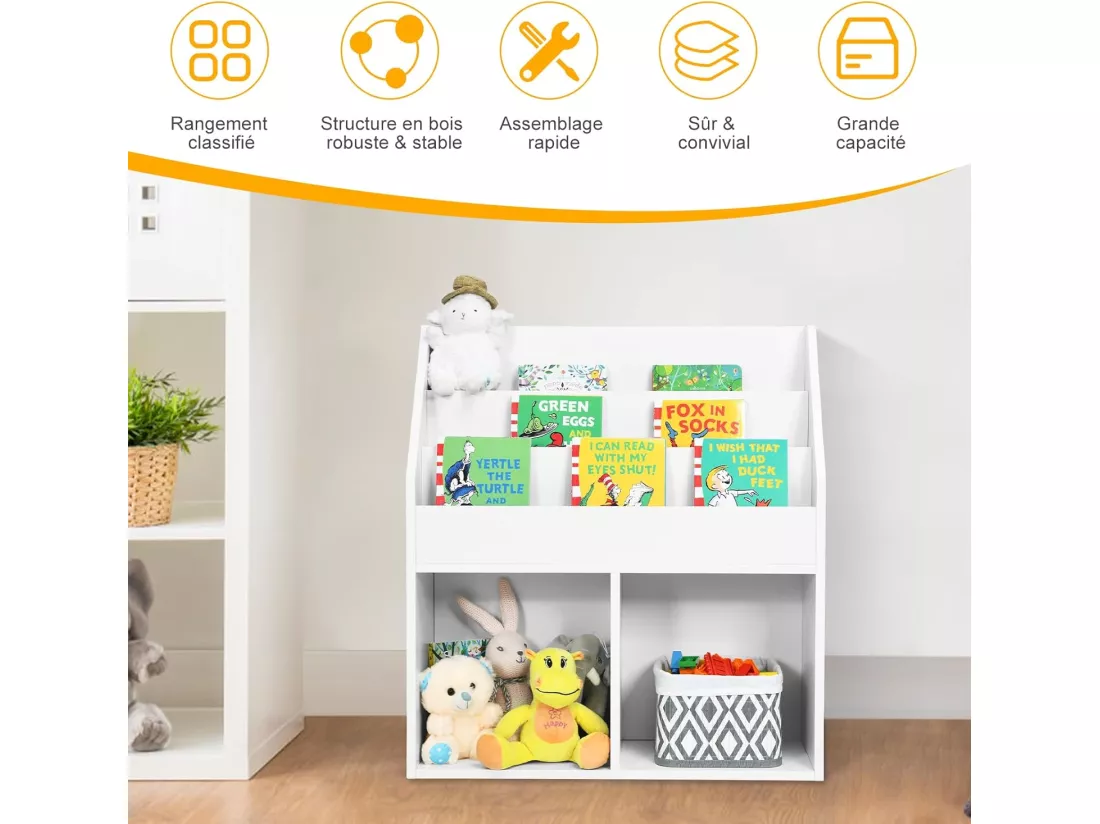 Bibliothèque enfants en bois avec 3 compartiments & 2 cubes ouverts,70 x 30 x 80cm