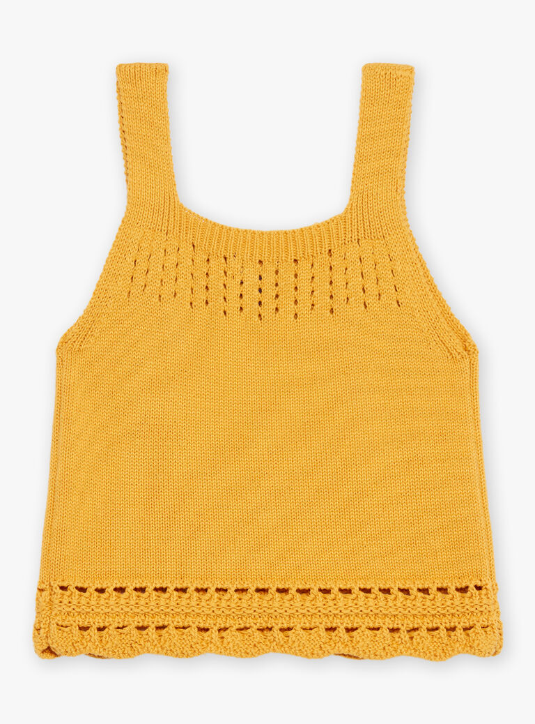 Top jaune moutarde en maille ajourée