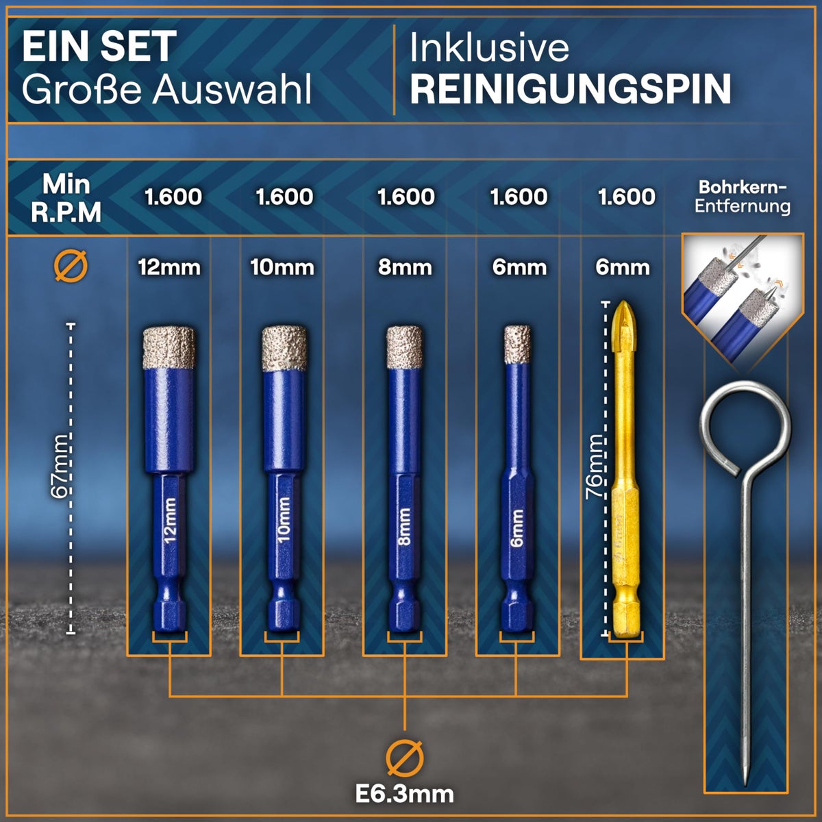 WERKSTEIN Tegelboorset - 6, 8, 10, 12 mm glasboortjes en 6 mm hardmetalen puntboor - Diamantboortjes voor het boren in tegels, glas, marmer, graniet en meer - Keramische/diamantboortjes voor harde tegels