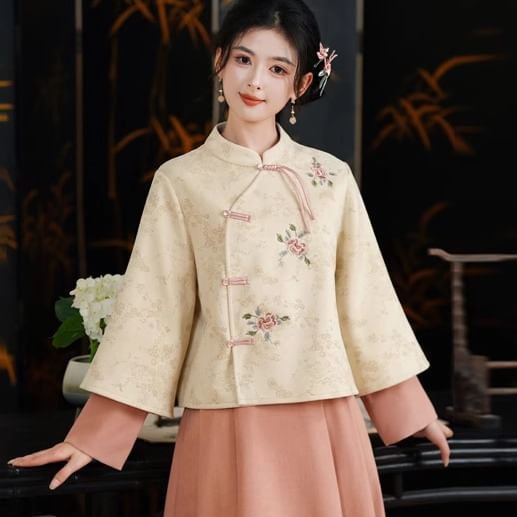 CosmoCorner - Traditionele Chinese top met lange mouwen, opstaande kraag, nep-tweedelig bloemenborduurwerk en kikkermotief, knoopsluiting / hoge taille, effen midi-A-lijn rok