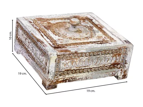Coffret en bois sculpté avec finition artisanale bleu antique 19x19x10h cm
