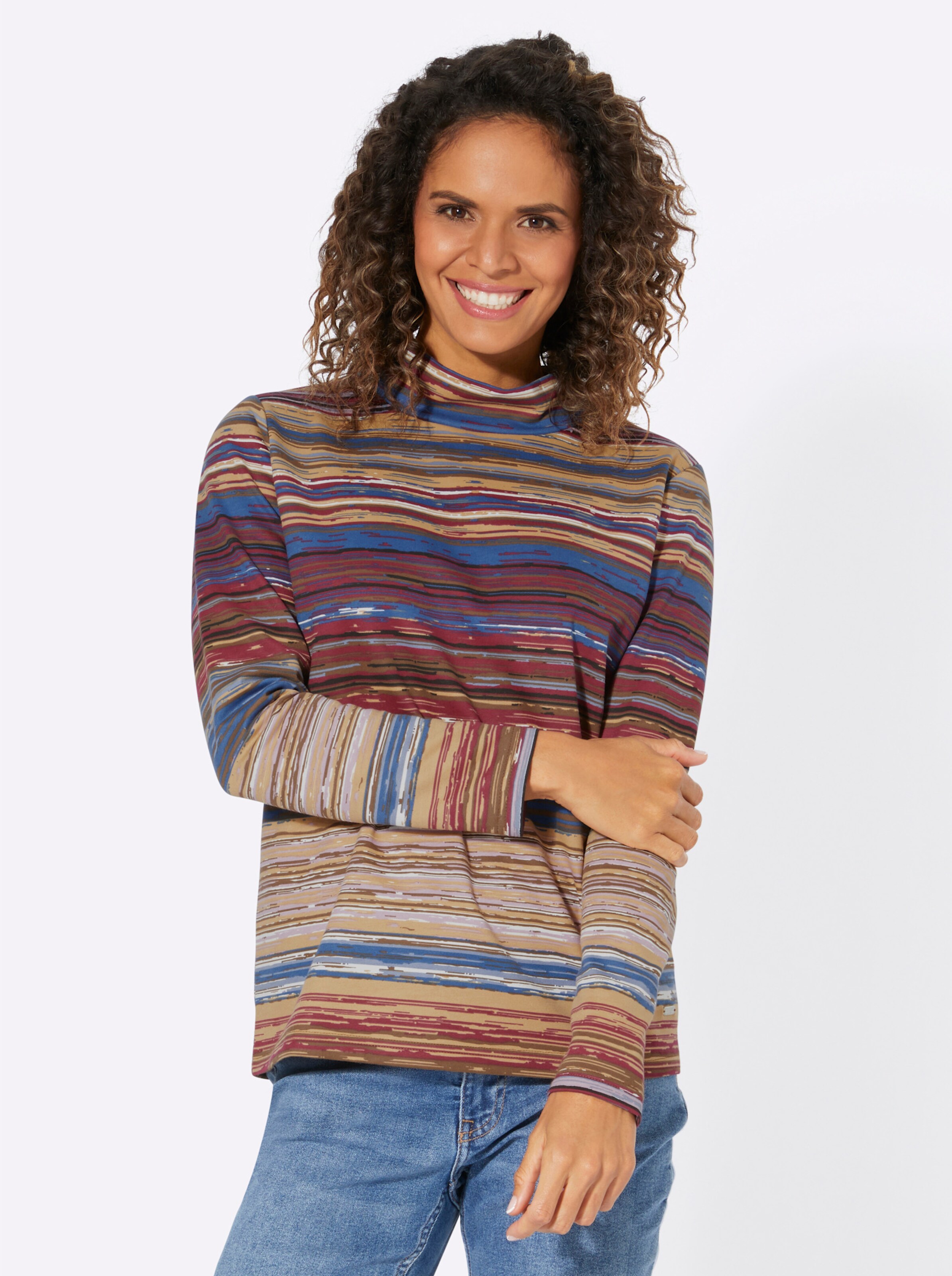 Stehkragenshirt in jeansblau-camel-geringelt