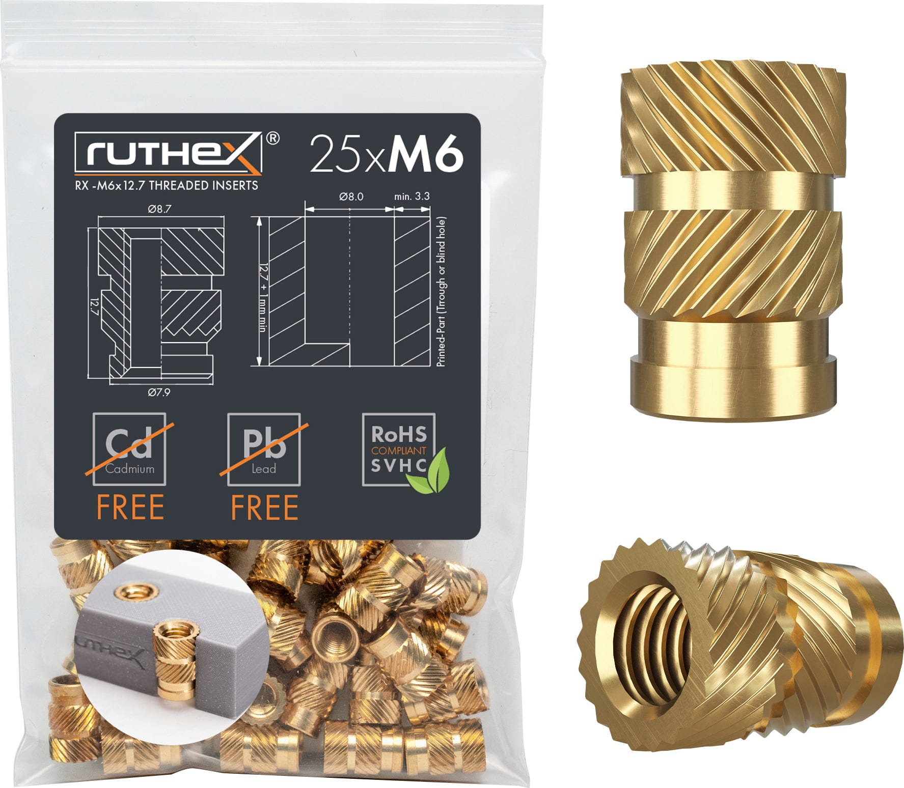 ruthex  Gewindeeinsatz M6 (25 Stück), M6x12,7    Hochwertige Gewindebuchsen aus Messing
