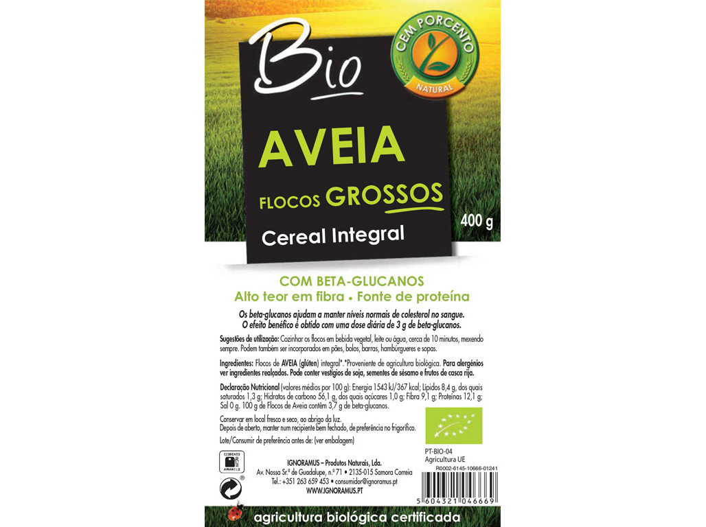 FLOCOS DE AVEIA CEM PORCENTO GROSSOS BIO 400 G