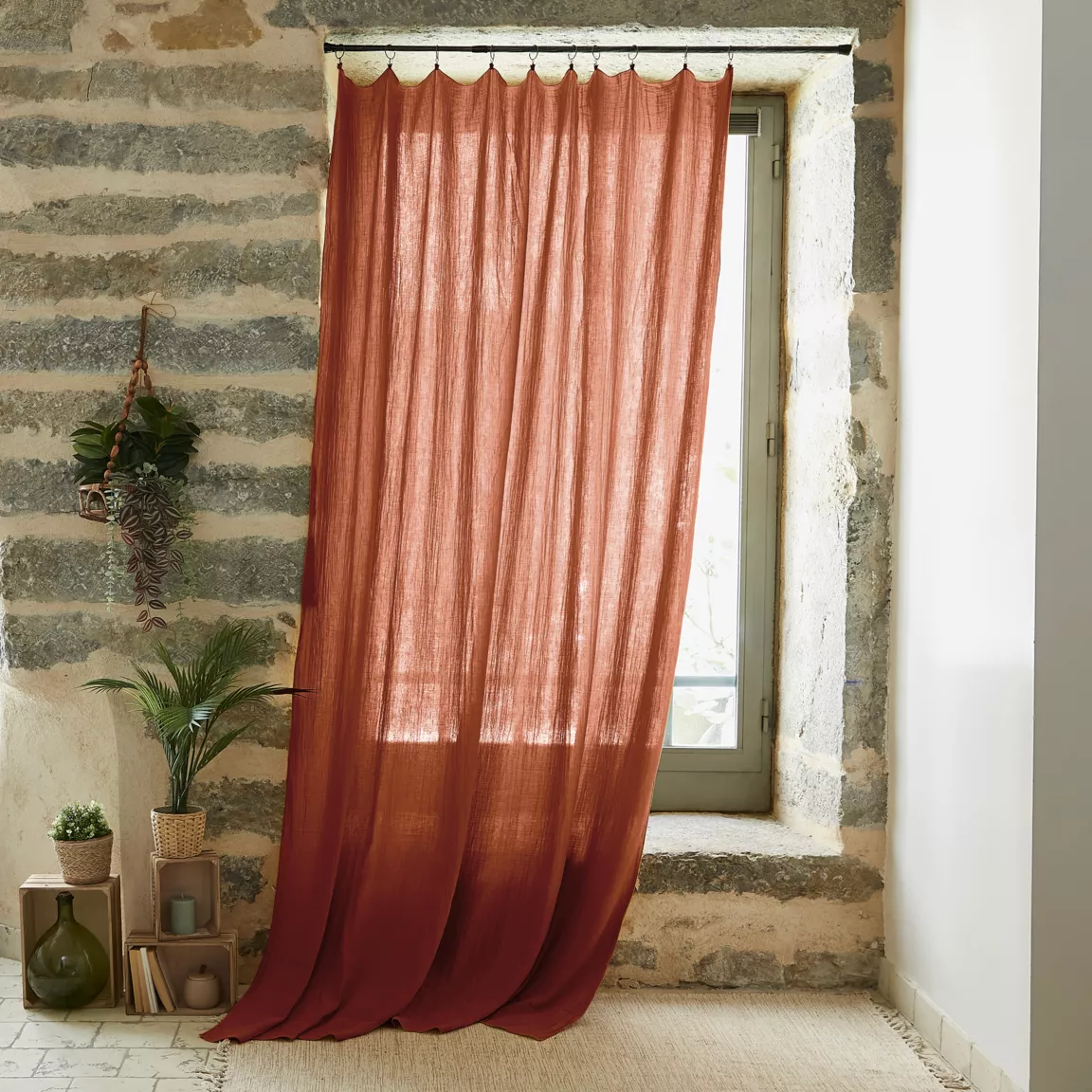 Rideau gaze de coton ajustable (180 x max 300 cm) Gaïa Terracotta
