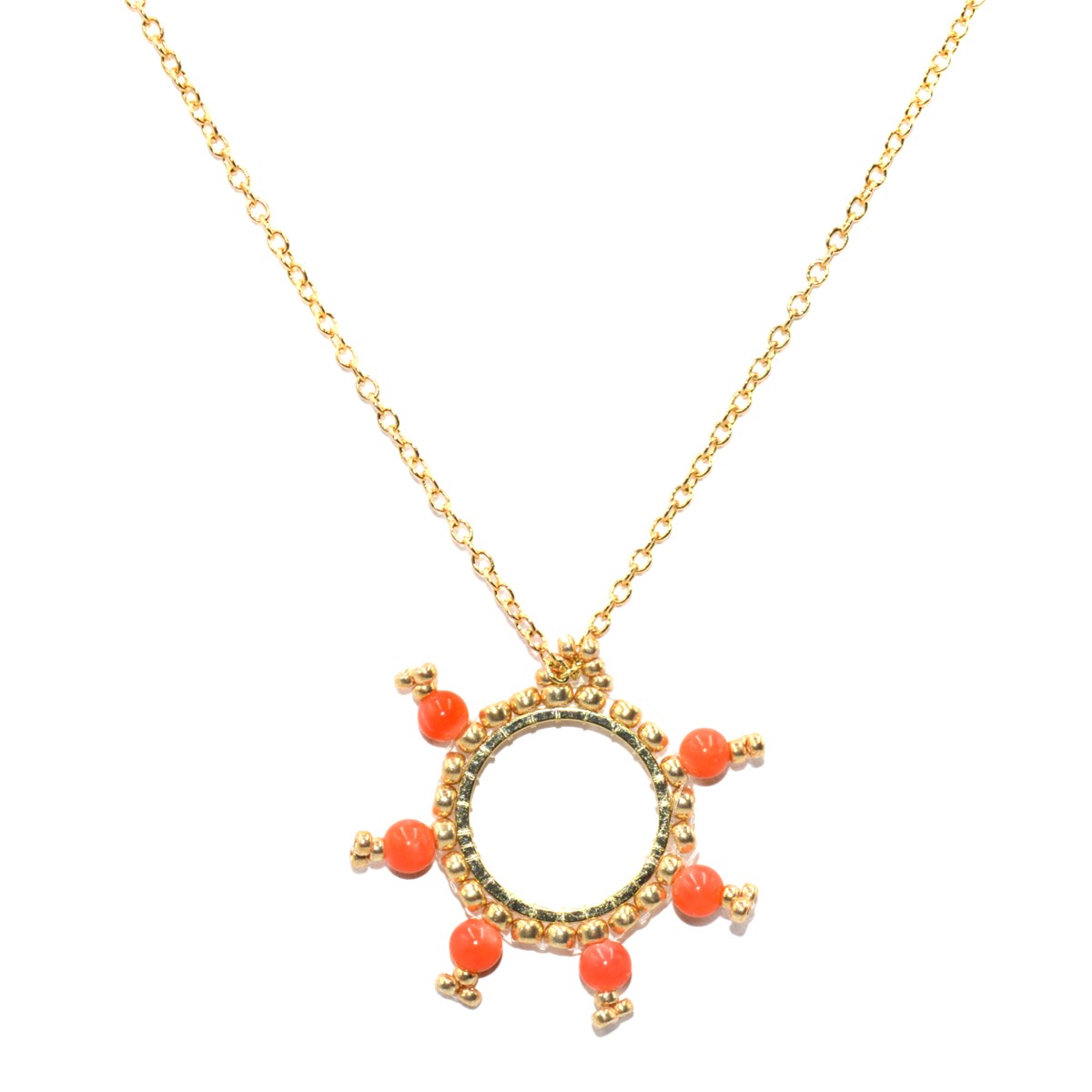 Collier avec pendentif anneaux tissé mains- Perles  miyuki , perles de corail-Doré à l'or fin