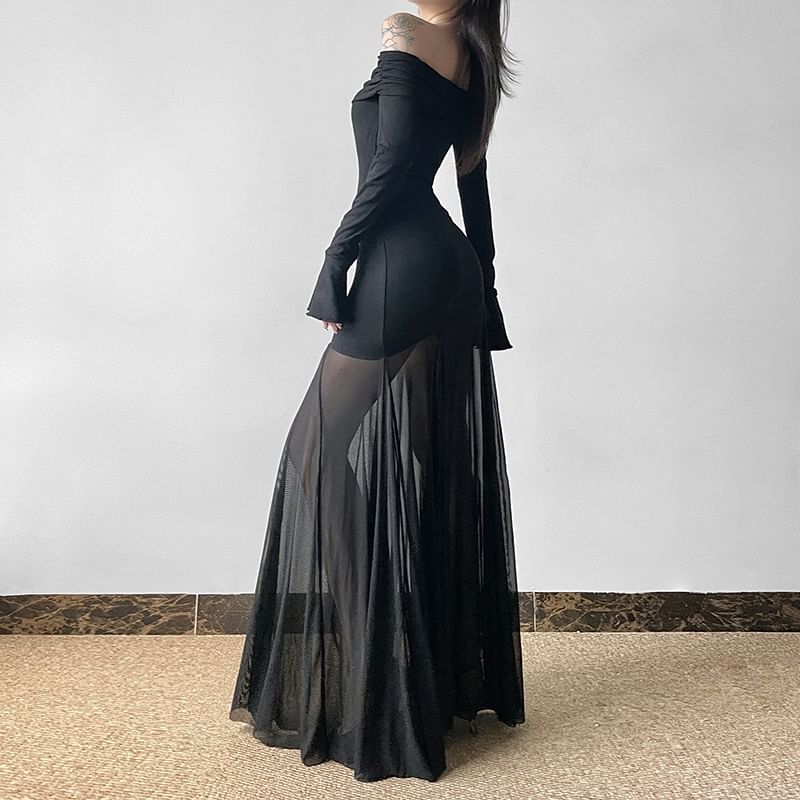 Honet - Lange mouw off-shoulder effen mesh paneel doorschijnende maxi bodycon jurk