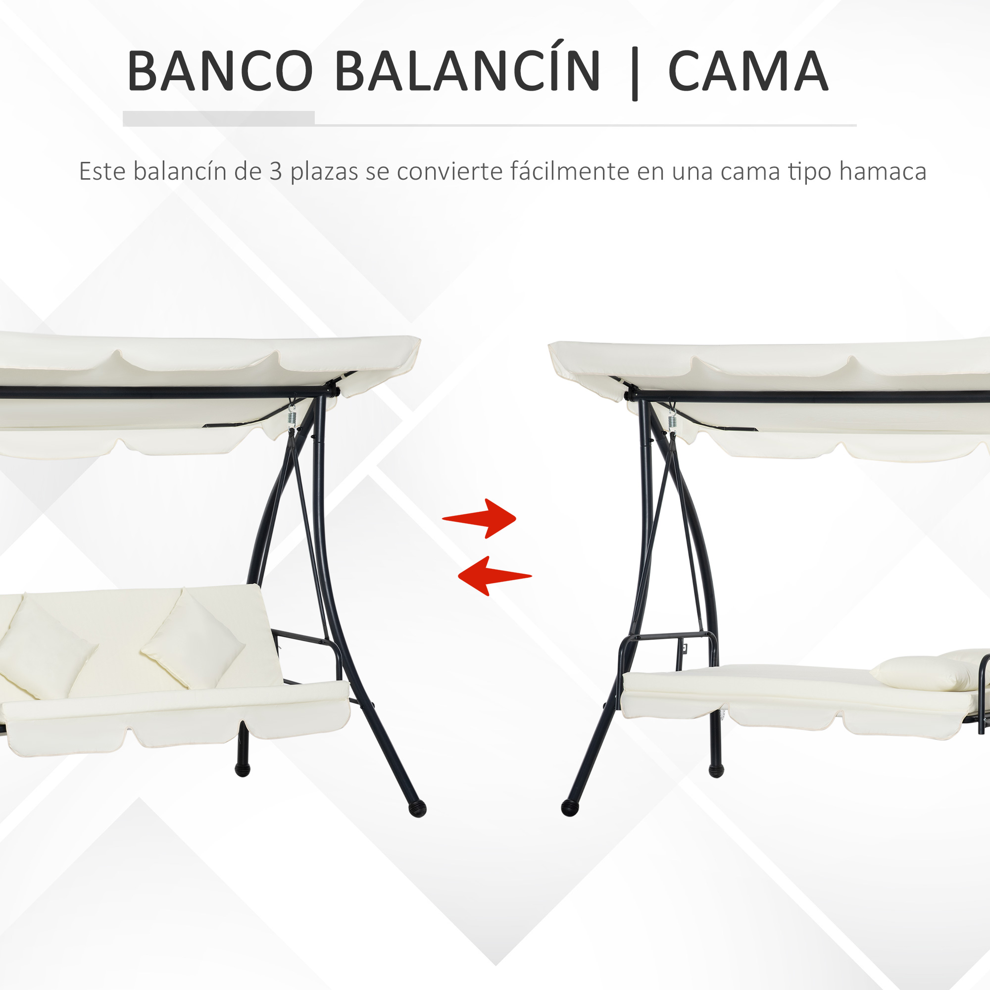 Cadeira de balanço de jardim Outsunny de 3 lugares, conversível em cama, com dossel ajustável, almofada acolchoada e travesseiros para varanda/terraço, capacidade de carga de 340 kg, aço, 200x125x170 cm, creme.