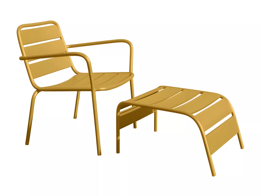 Fauteuil bas de jardin empilable + repose pied en métal - Jaune moutarde - MIRMANDE de MYLIA