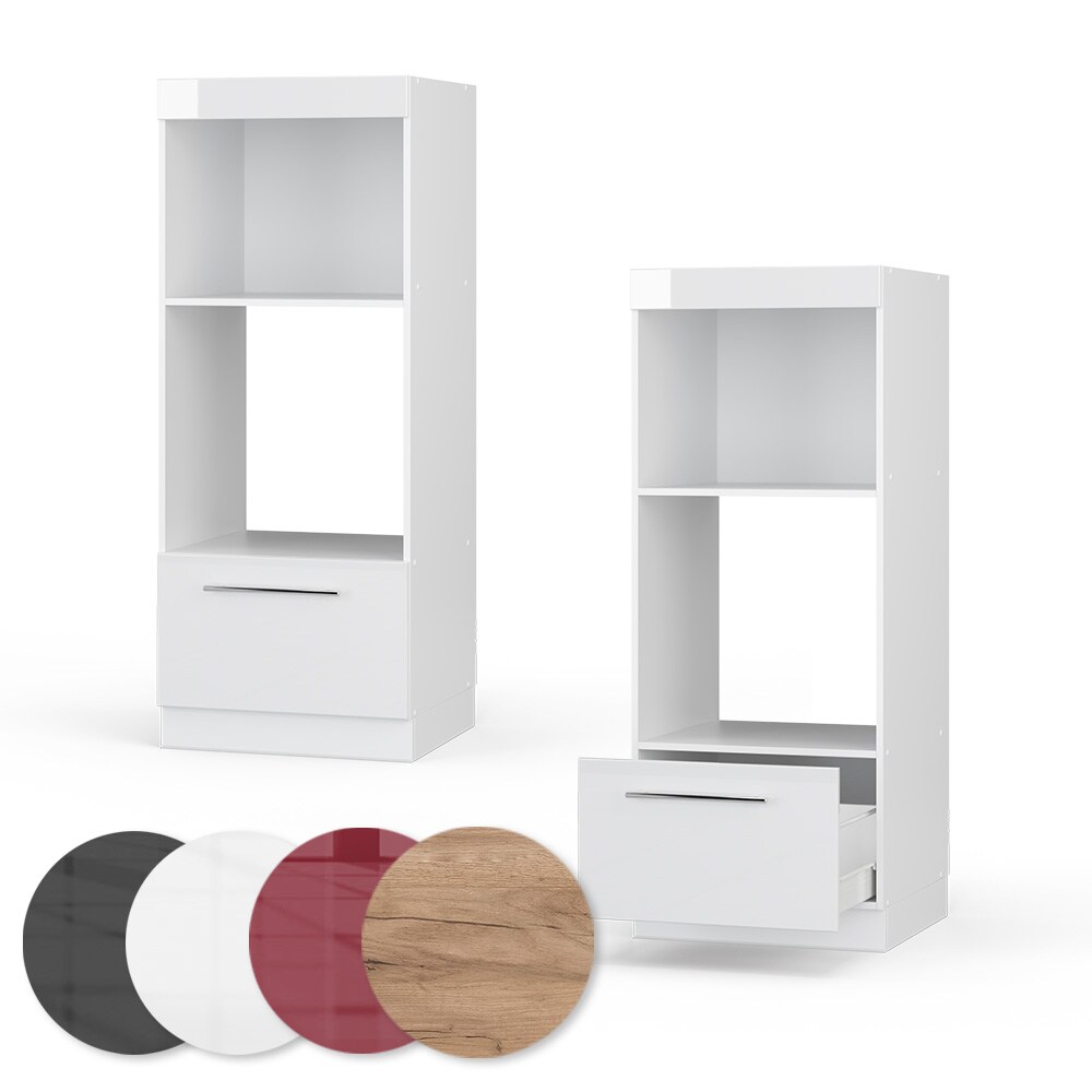 Vicco Mikrowellenumbauschrank Küchenschrank Küchenmöbel Fame-Line Weiß 60 cm modern Hochglanz Küche Einbauküche Blende Hochschrank Schublade Mikrowelle Backofen Küchenzeile