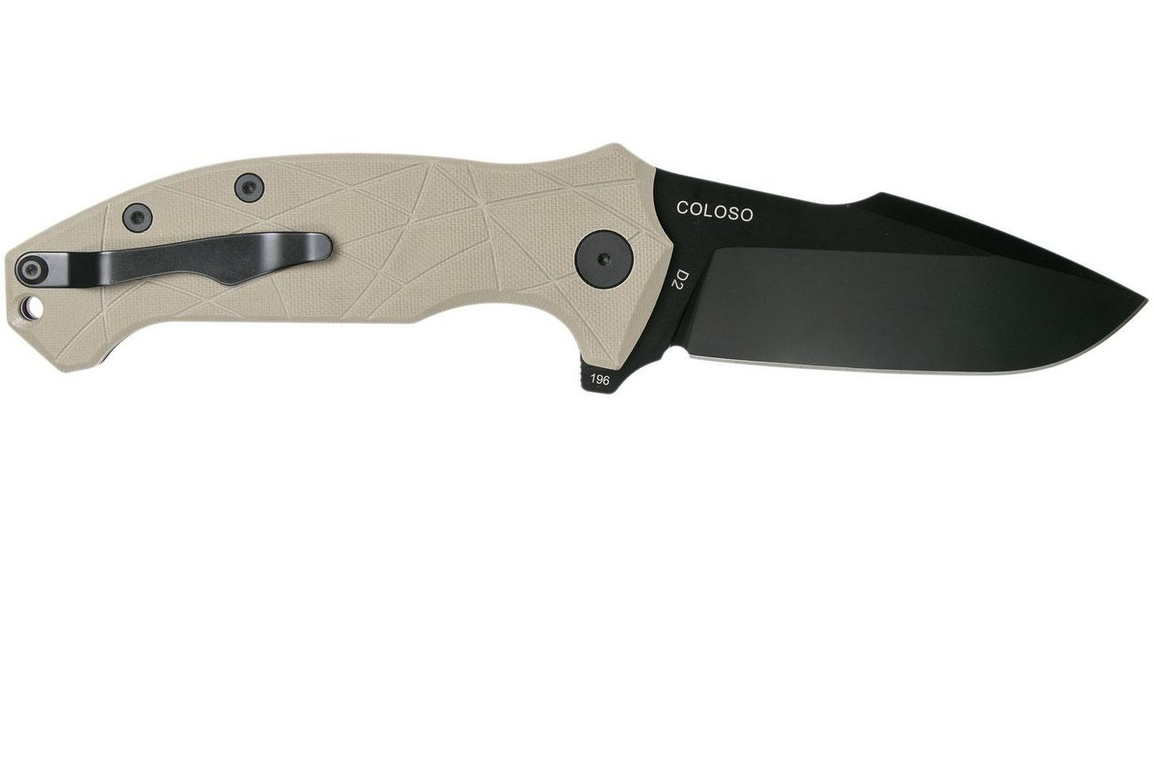 Amare Knives Coloso, tan G10, black blade, zakmes