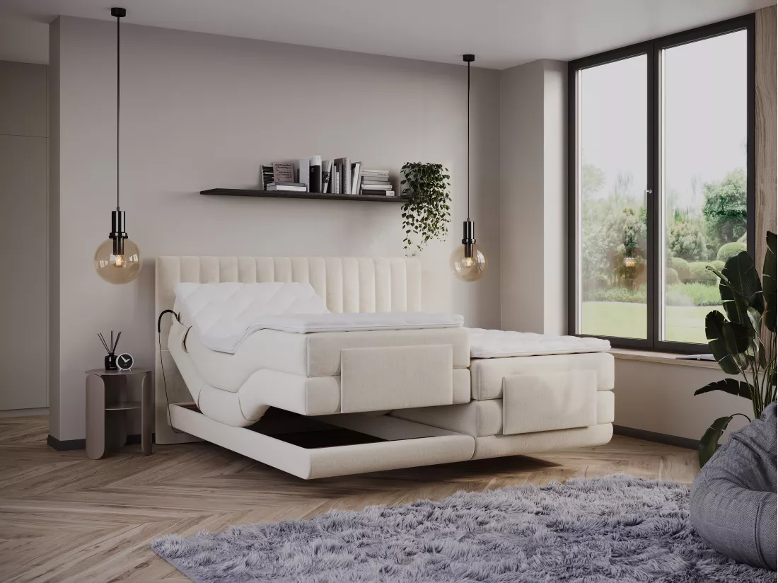 Ensemble complet boxspring tête de lit coutures verticales + sommiers relaxation électrique + matelas + surmatelas - 2 x 80 x 200 cm - Velours - Beige - DONISI de PALACIO