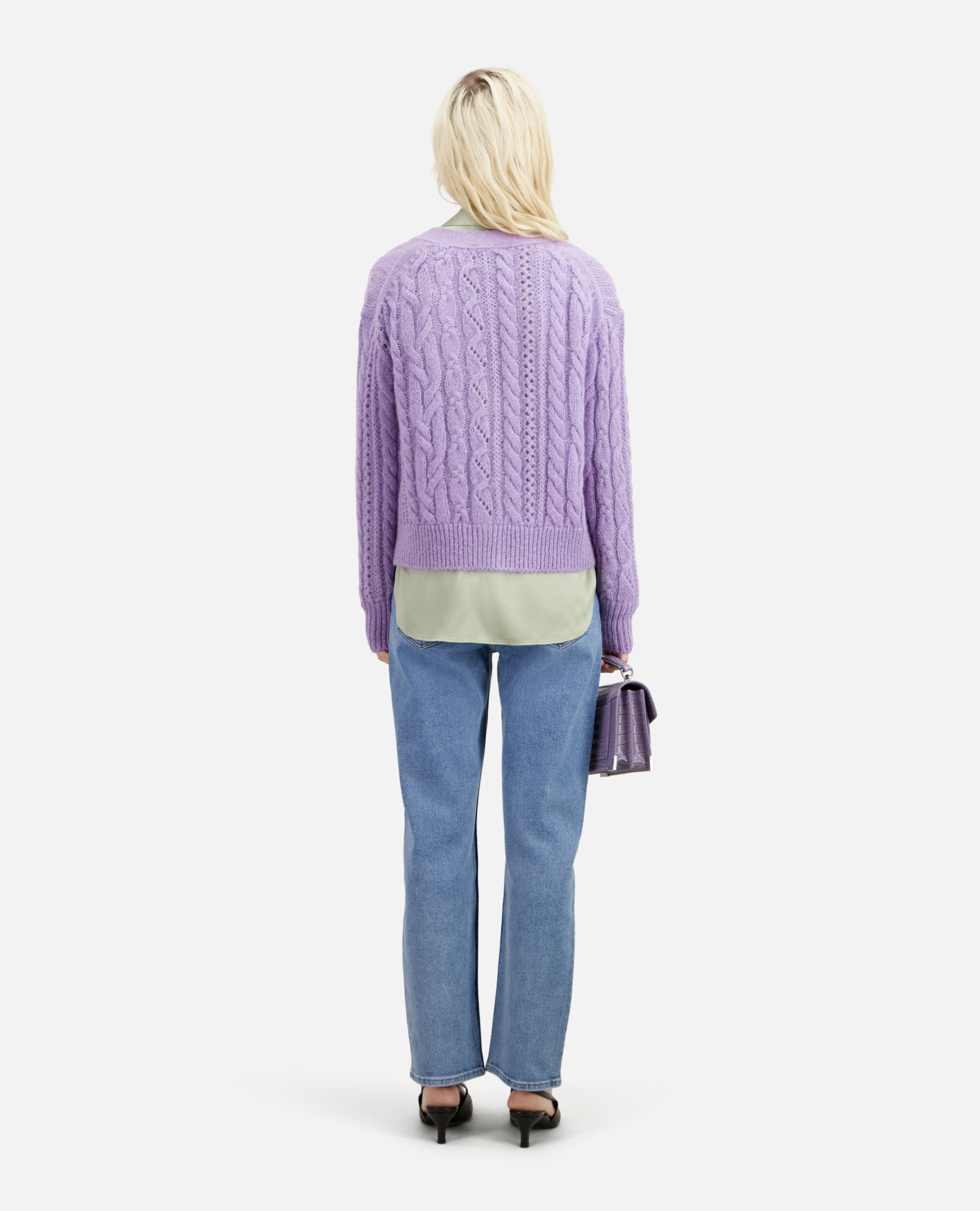 Mauve cable-knit wool-blend cardigan