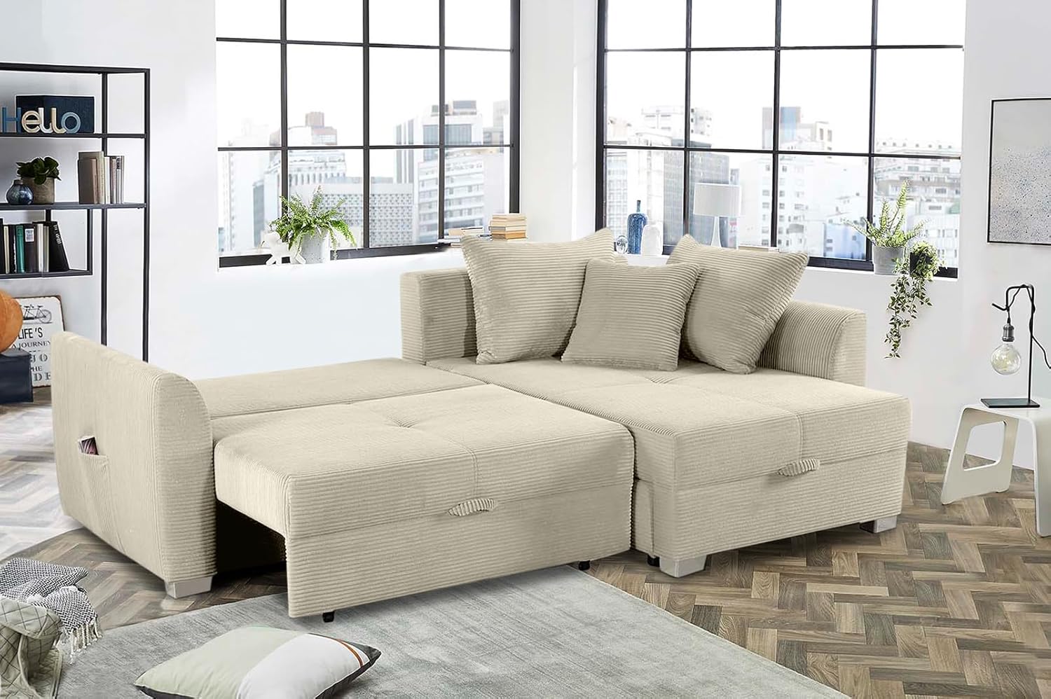 Cord Ecksofa B236/T160/H81 cm mit Schlaffunktion und Bettkasten, Tasche in der Armlehne, L-Couch mit Ottomane ausziehbar, links oder rechts montierbar, Bezug Cordstoff in Beige Grau / 15201