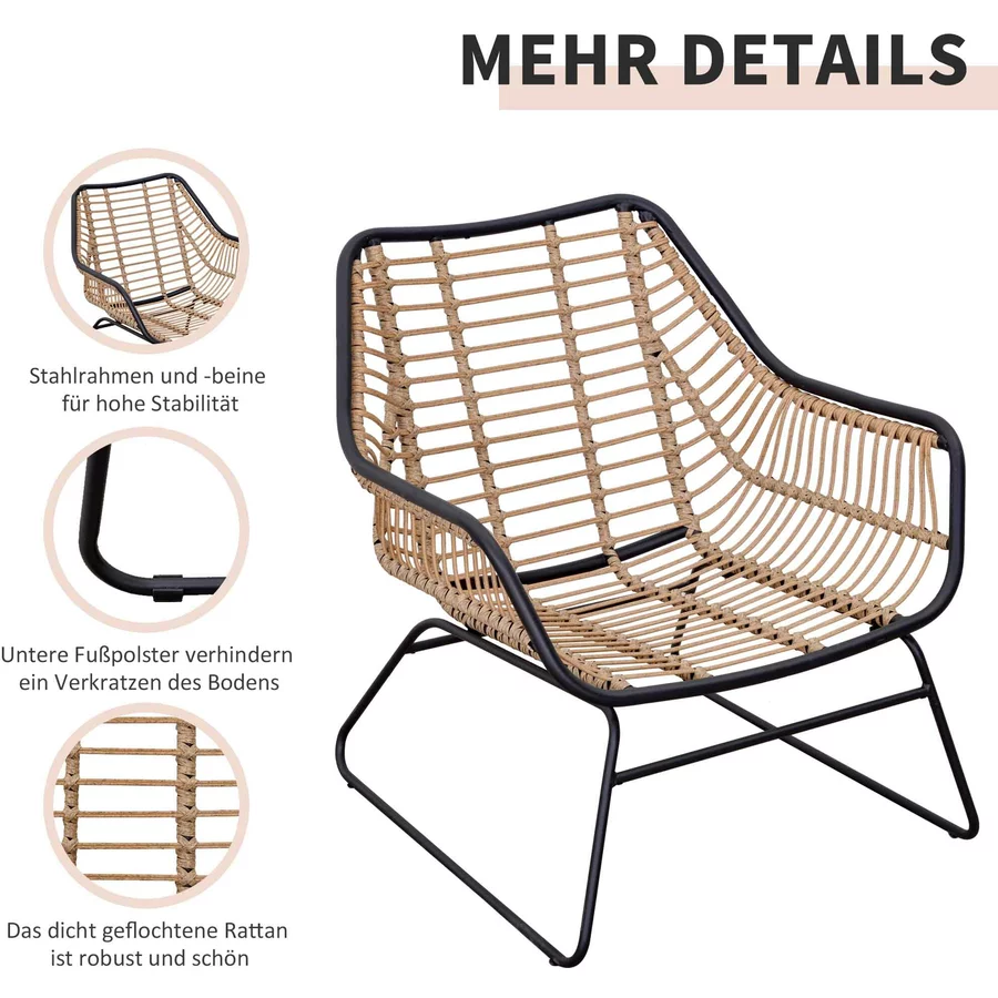 Outsunny Polyrattan Sitzgruppe mit Beistelltisch und Sitzpolstern, 4-teilig Khaki, Beige