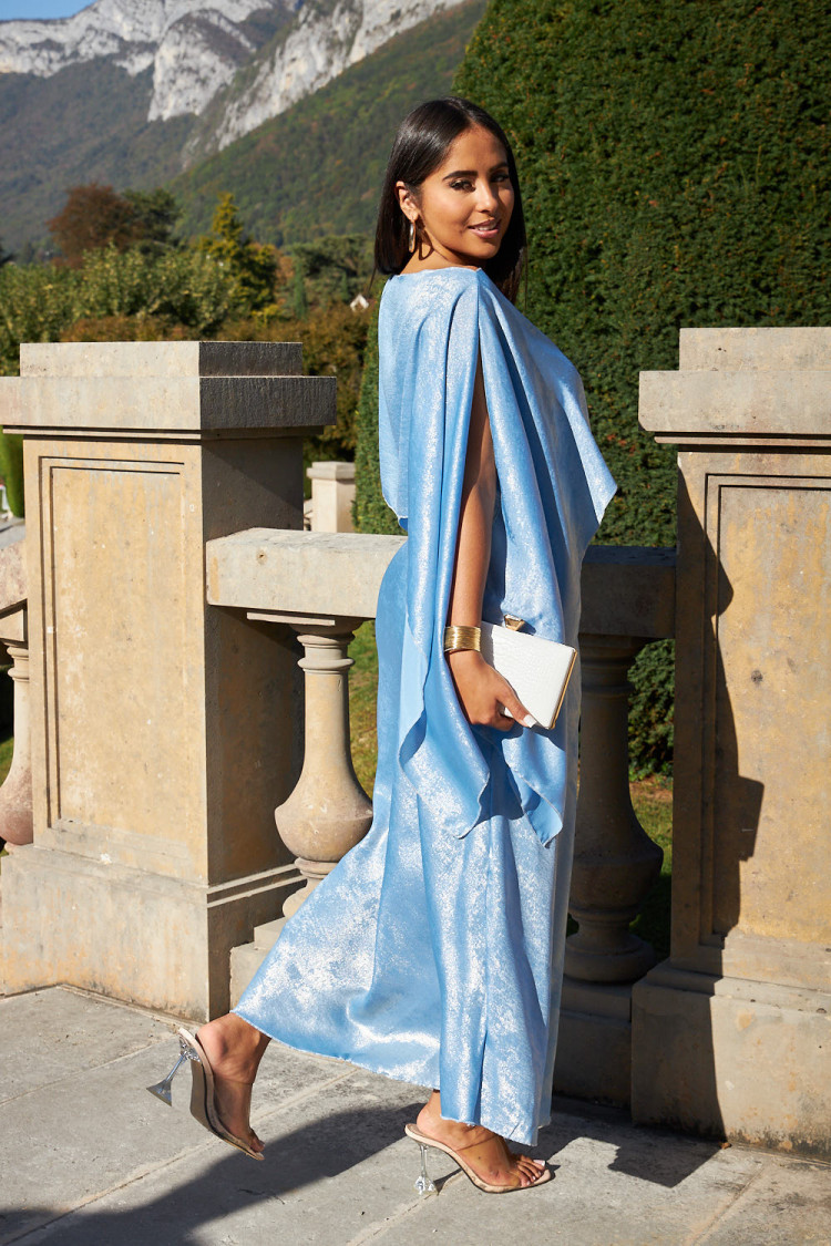 Robe 2 pièces bustier + poncho satiné bleu