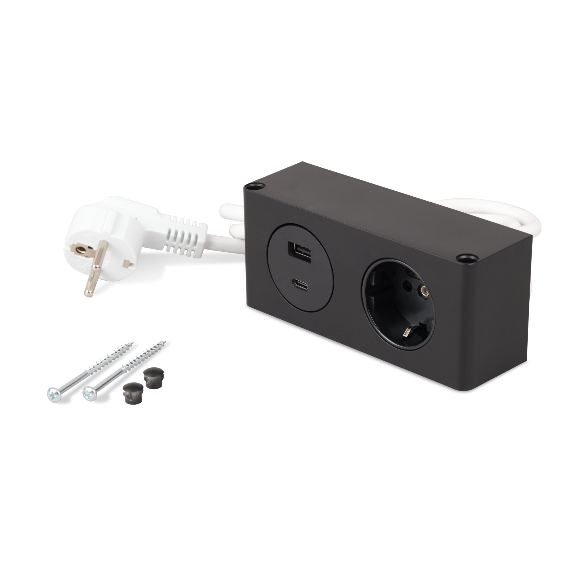 kalb | 2-fach Steckdosenleiste zur Montage, 1x 230V und 2x USB Steckdosen, 140x46x62.5 mm, Anschlusskabel mit Stecker, schwarz