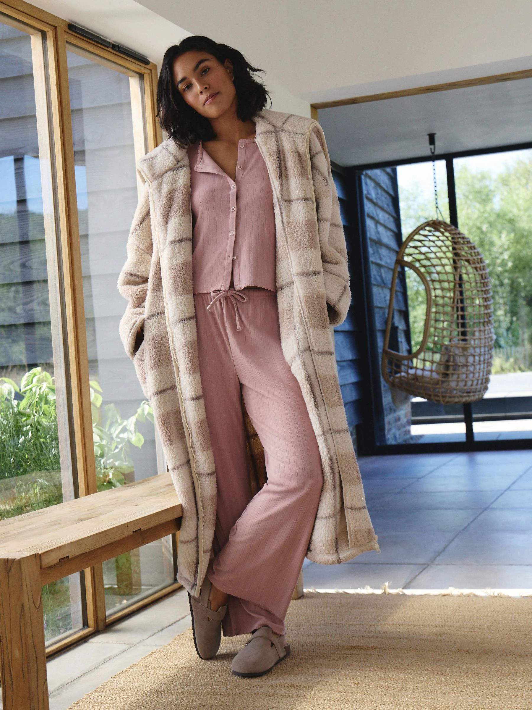 Neutraal/roze - Cosy Teddy Borg Zip Through Dressing Gown