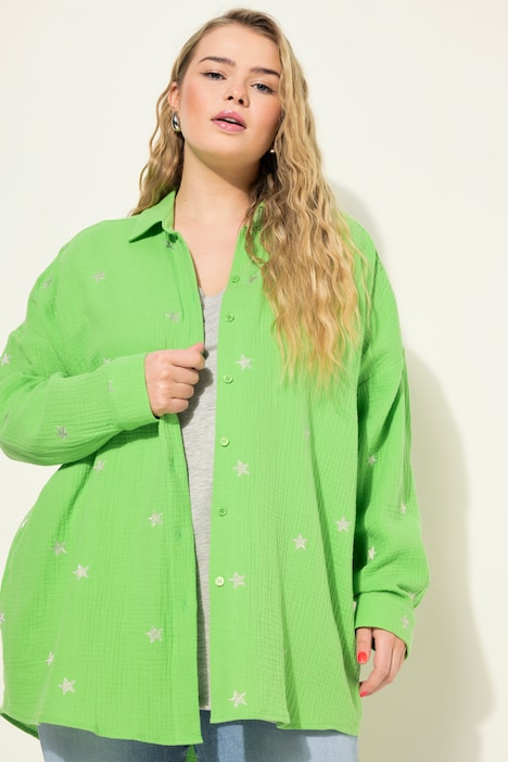 Hemdbluse, oversized, Musselin, Hemdkragen, Langarm, Stickerei