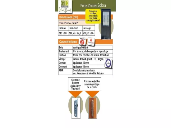Porte D'Entree Bois Vitree, Sobra, H,215Xl,90 P,Gauche + Poignée Et Barillet (Ref 010403Fp) Cote Tableau