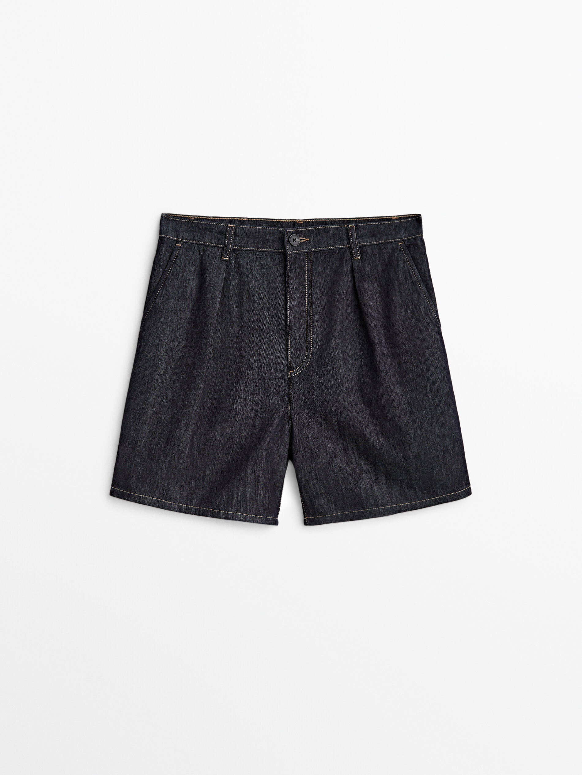 Shorts jeans plissados de cintura alta - AZUL ESCURO