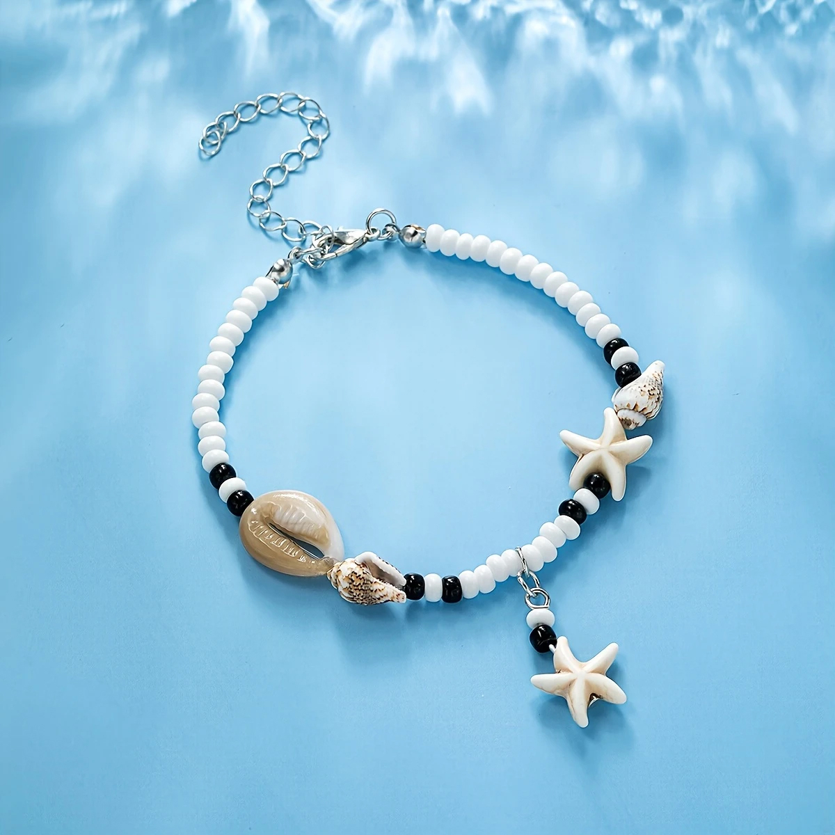 (210-280mm) Perlen Fusskette Muschel Modeschmuck Sommer Anklet Boho Fuss Kettchen mit Seestern Anhänger - Weiss / Beige