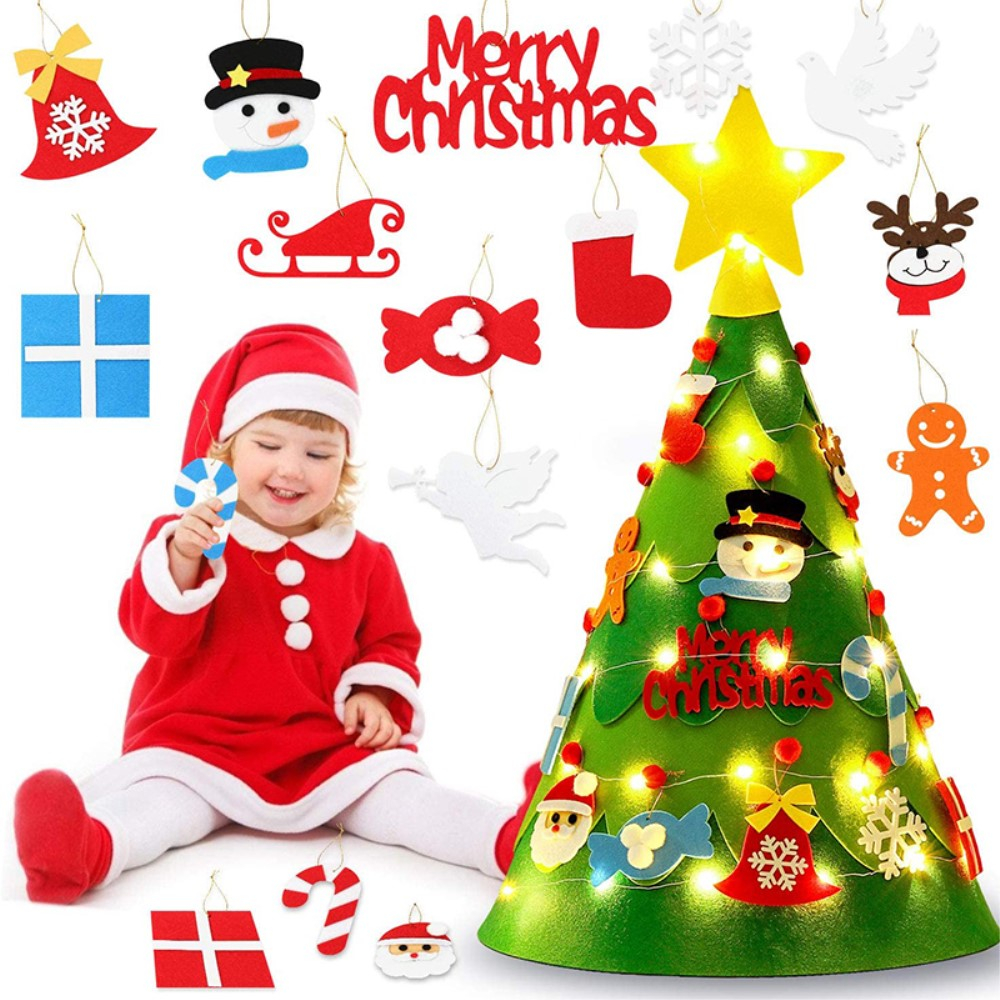 (30-tlg. Set) 75x48cm Kinder Spielzeug Christmas Tannenbaum Deko Filz Weihnachtsbaum   Deko Figuren   LED Lichterkette