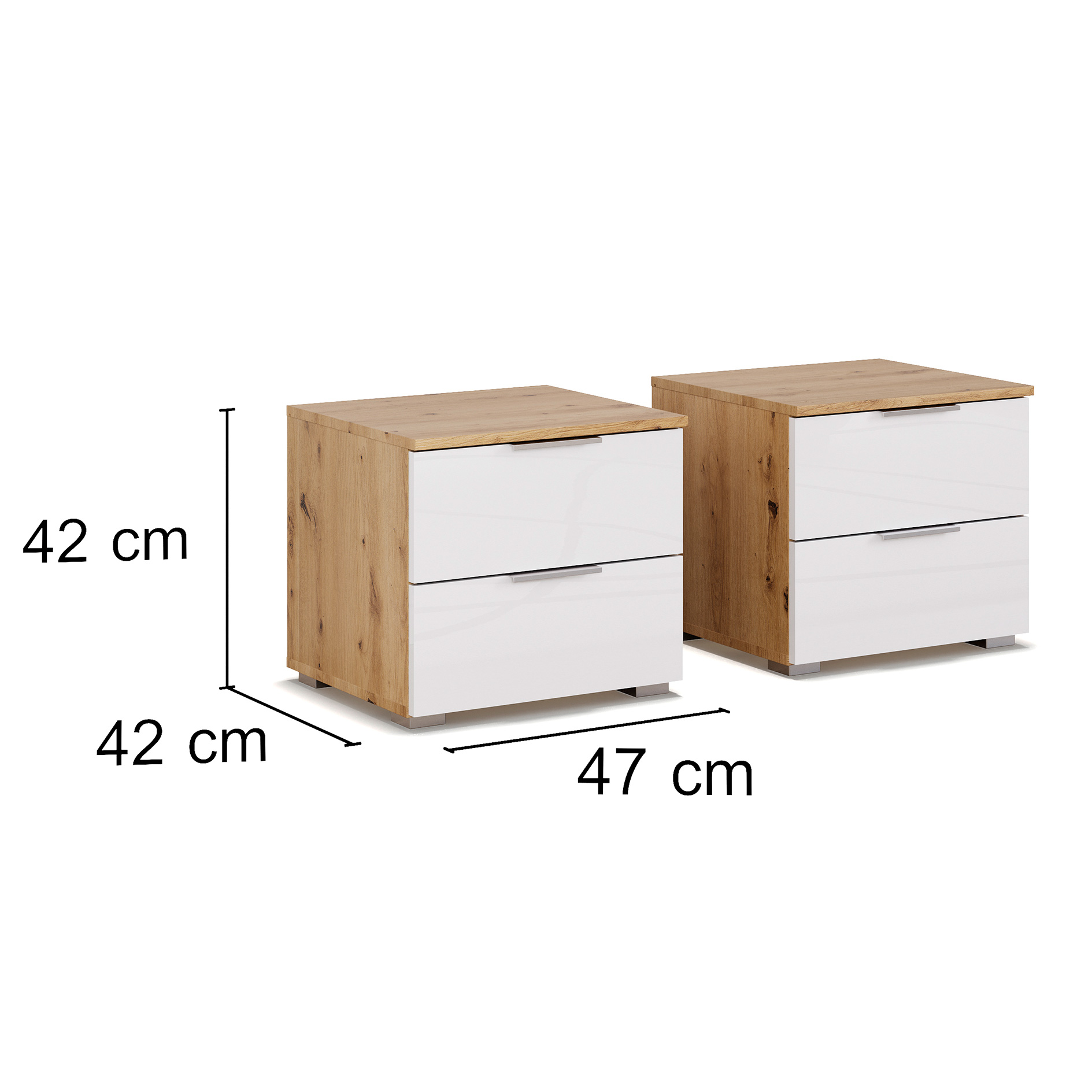 2er-Set-Nachttisch - Artisan Eiche - Hochglanz weiß - 2 Schubkästen - 47 cm