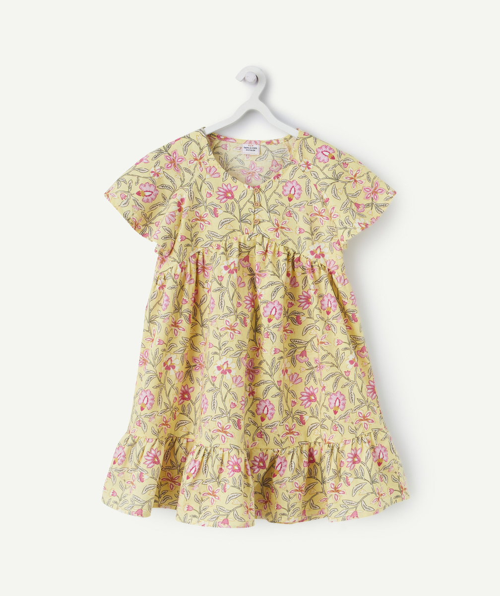 robe manches courtes fille jaune avec imprimé à fleurs