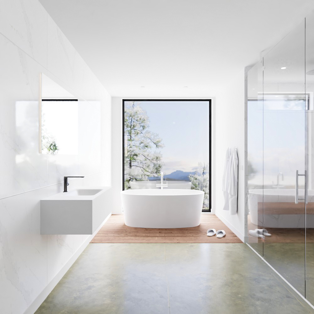 SCHADEMODEL: Zaro Lagom volledig naadloos solid surface onderkast 100cm mat wit met 1 lade Push tot open. Compleet met solid surface wastafel met 1 kraangat(en)