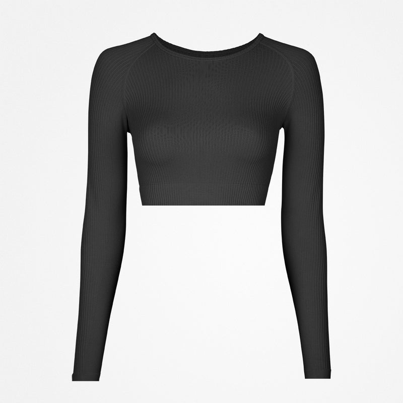 Geripptes Sportshirt langarm Damen aus recyceltem Polyamid Schwarz
