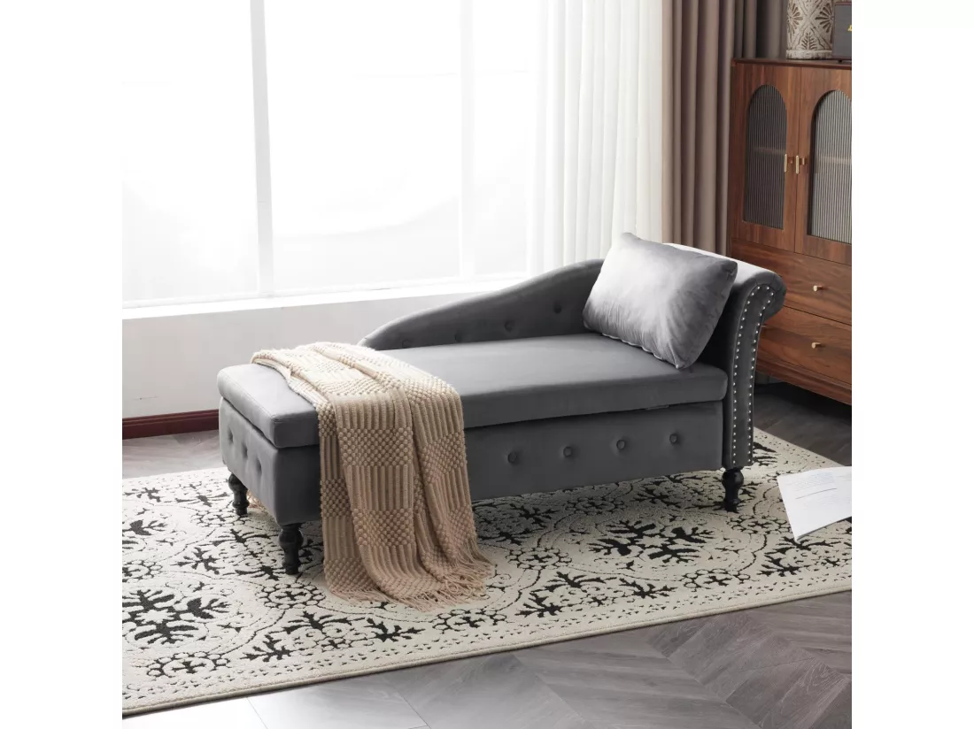 Méridienne droite en velours gris, avec oreiller et rangement, pour le salon chambre bureau, 144x62x69cm