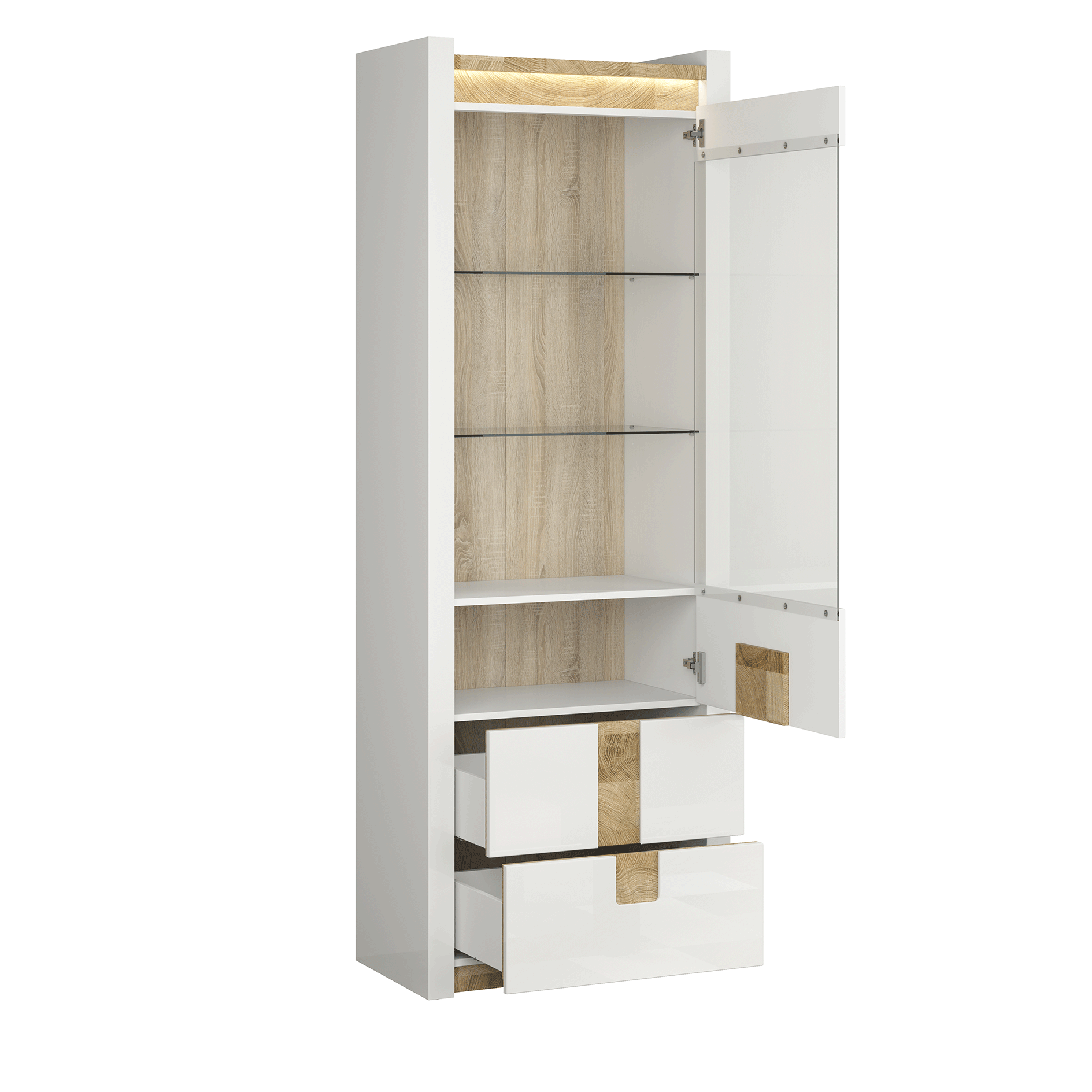 Standvitrine - weiß Hochglanz - LED-Beleuchtung - 202 cm hoch