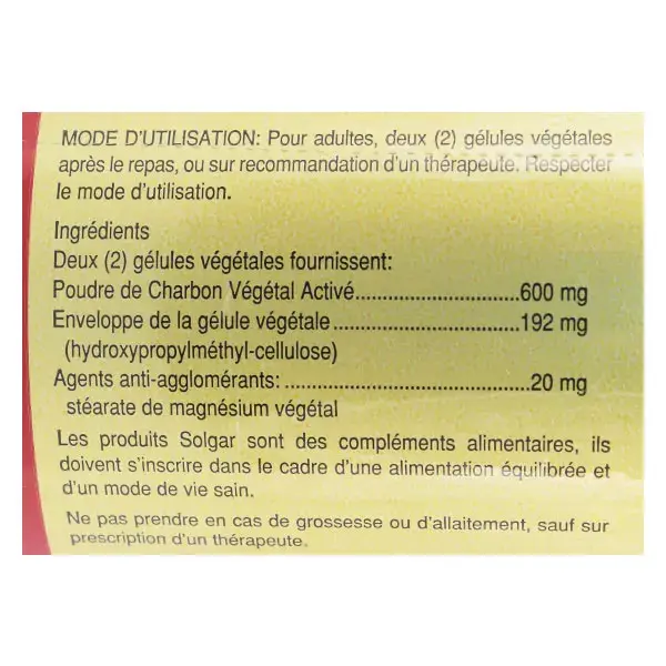 Cápsulas Vegetais de Carvão Ativado Solgar (100 unidades)