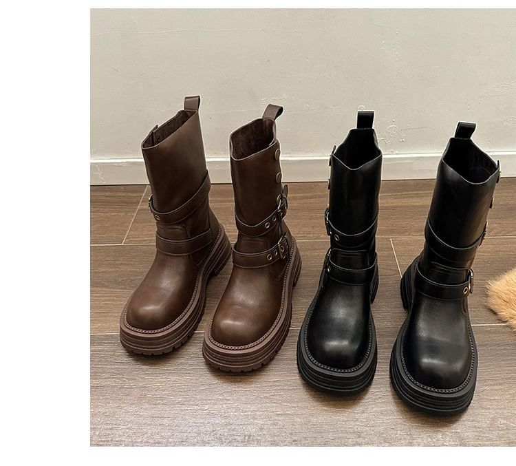 Vindler - Platform Plain Buckled Faux Leather Short Boots