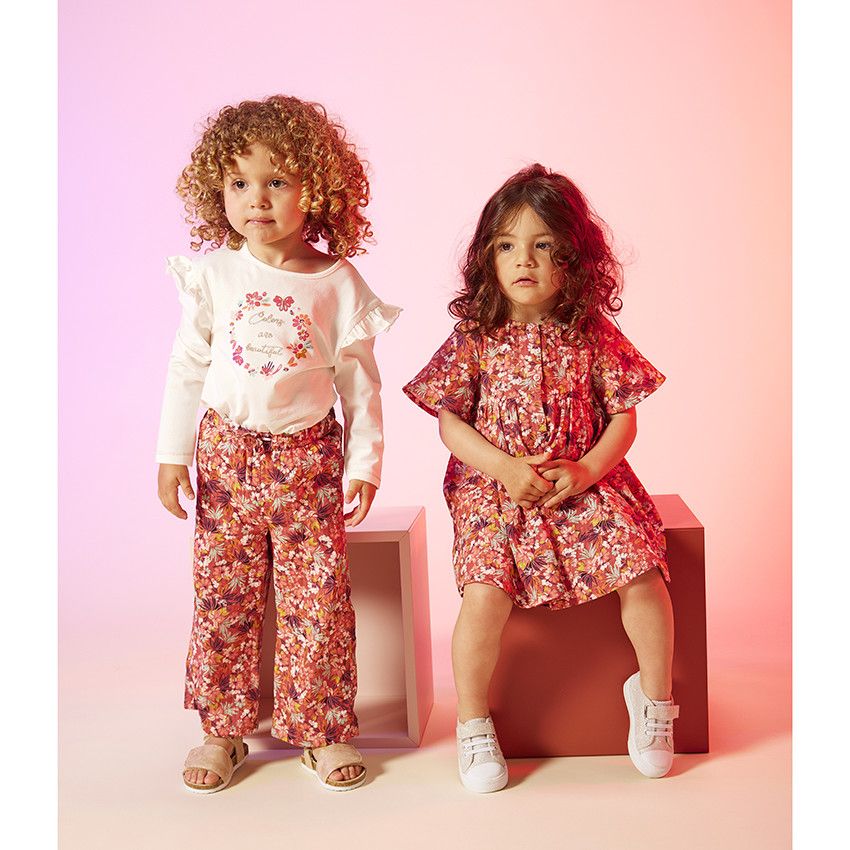 Robe manches courtes en toile imprimé fleuri pour bébé fille - Fuchsia