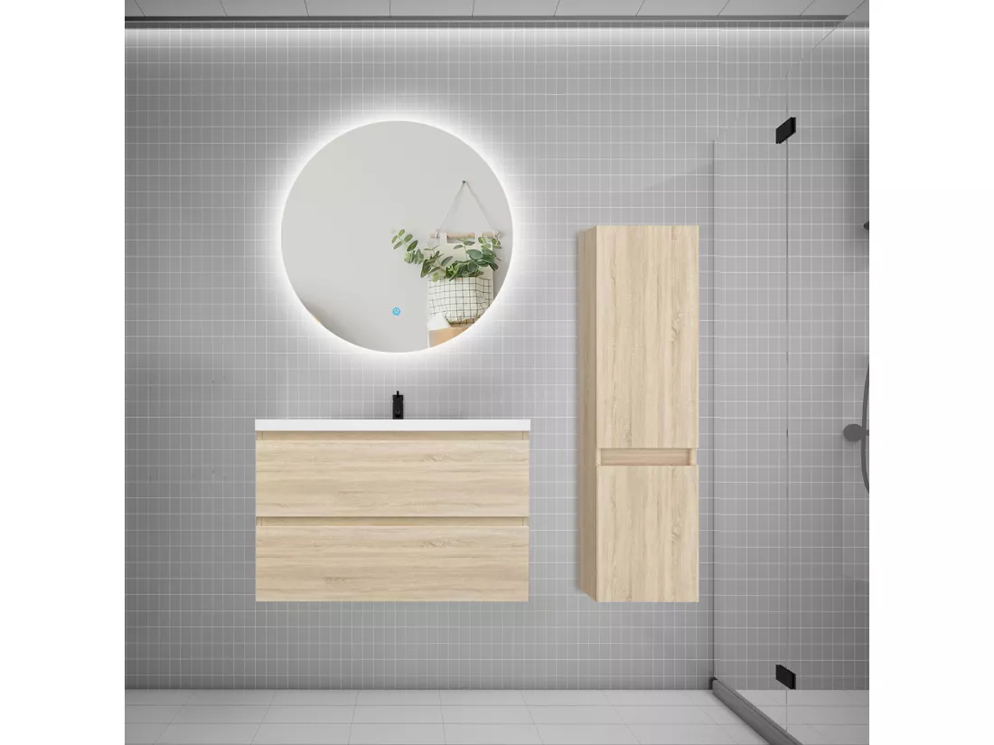 Ensemble meuble simple vasque 80cm 2 tiroirs + lavabo + colonne + miroir rond,chêne