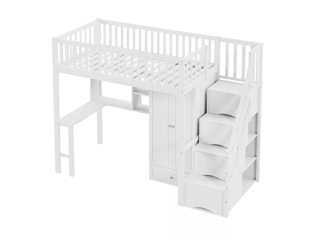 Lit superposé en bois blanc 90 x 200 avec grande étagère et table de rangement escalier