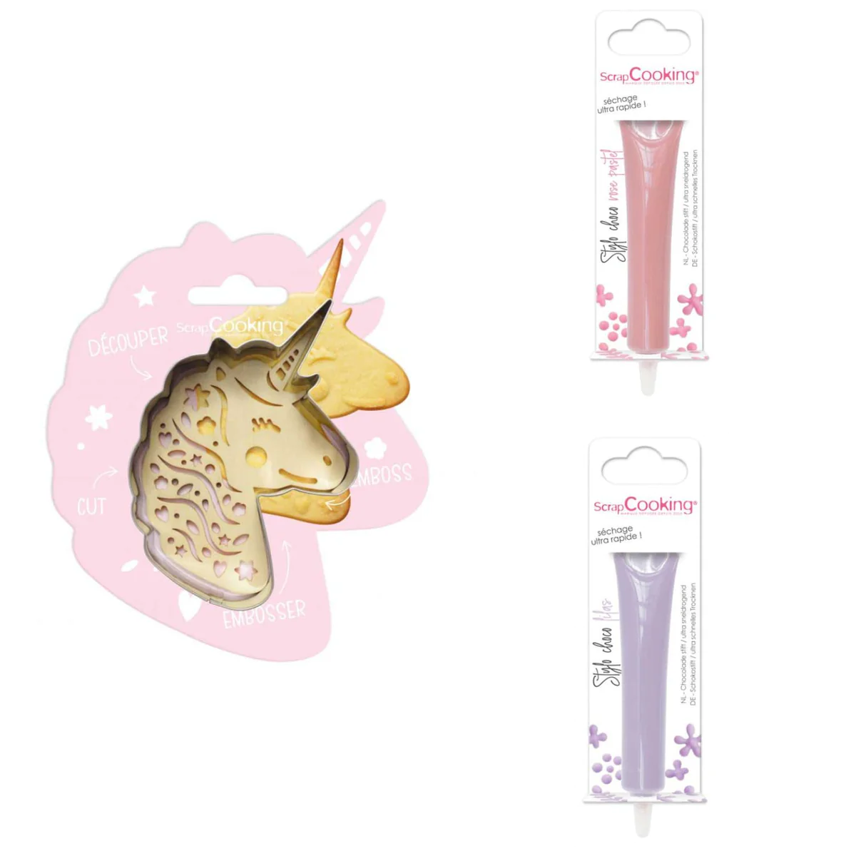 Kit pour biscuit en relief Licorne + 2 Stylos au chocolat rose pastel